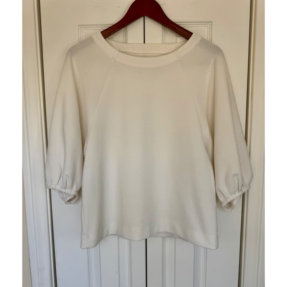 Maeve Anthropologie White Waffle Knit Puff Sleeve Top Crew Neck Small